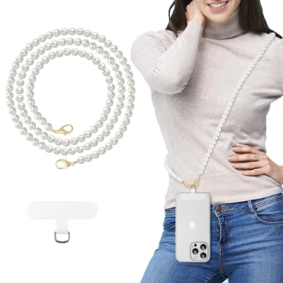 Abbildung von MoKo Universal Telefon Lanyard, Perle Perlen Handy Kette Crossbody Strap Anti Diebstahl Abnehmbare Frauen Lanyards um den Hals mit Patches für iPhone, die meisten Smartphones, Weiß