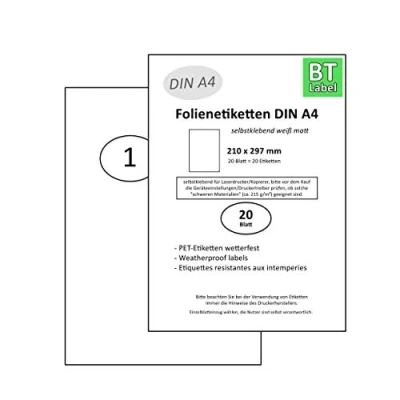 Abbildung von BT Label 20 Folien Etiketten Aufkleber auf DIN A4 Blatt Klebefolie Wetterfest 210 x 297 mm weiß selbstklebend bedruckbar mit Laserdrucker zum Beschriften
