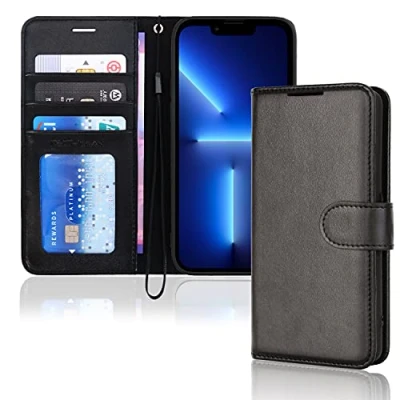 Abbildung von TECHGEAR hülle iPhone 13 Pro Leder PU Flip Schutzhülle Ledertasche [Brieftasche] Handyhülle mit Ständer und Handschlaufe Schwarz Kompatible