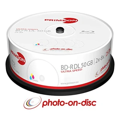 Abbildung von Primeon BD R DL 50GB/2 8x Cakebox (25 Disc) Photo on disc, Inkjet Full Size Printable Surface