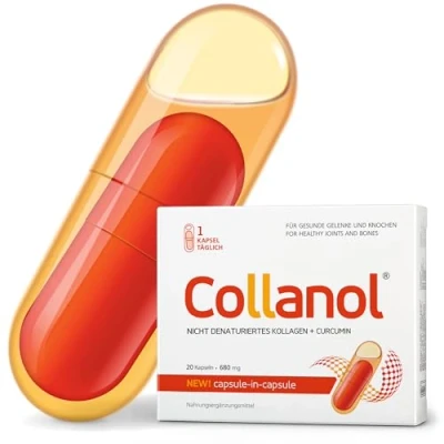 Abbildung von Collanol Innovation in der Pflege gesunder Gelenke Flüssige Formel einer Doppelkapsel 3D Kollagen + Mizell Extrakt von Curcumawurzeln 1 Kapsel/Tag. Laborgeprüft
