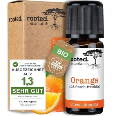 Abbildung von rooted.® BIO Orangenöl 10ml [100% NATURREIN] Echte Orange Citrus sinensis Ätherisches Öl für Aromatherapie, Duftlampe, Diffusoren, Raumduft, Duftkerzen und Seifen