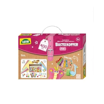 Abbildung von Lena 42714 Bastelkoffer Teile, Material zum Basteln mit Buntem Papier, Moosgummi, Pfeifenreiniger, Strasssteine, Wackelaugen, Pompons, Knöpfe und mehr, für Kinder ab 5 Jahre, 400er Pink &amp; Lila