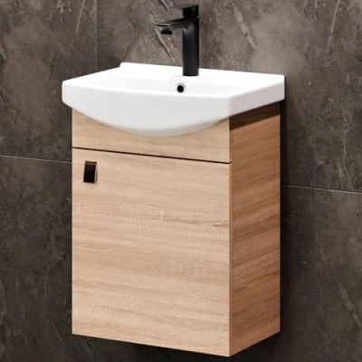 Abbildung von Planetmöbel Badmöbel Set aus Waschtisch mit Unterschrank 45cm in Sonoma Eiche, Waschbecken und Armatur Schwarz, Zeitloses Badezimmerset