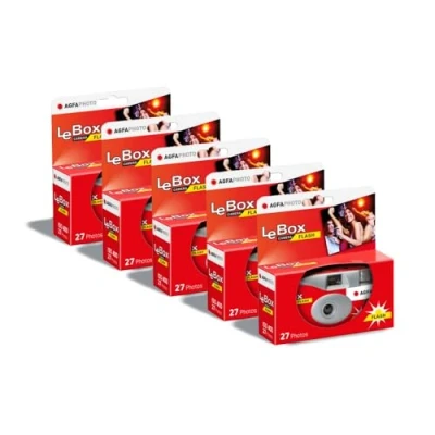 Abbildung von AGFA Photo 601020 LeBox Flash, Einwegkamera, 27 Fotos, optisches Objektiv 31 mm, Grau und Rot, 5er