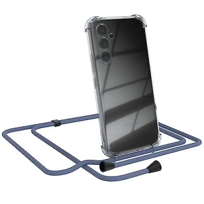 Abbildung von EAZY CASE Handykette kompatibel mit Samsung Galaxy A54, durchsichtiger Hülle, Handy Schutzhülle Band, Silikonhülle Band Stahlblau Endstücke Schwarz