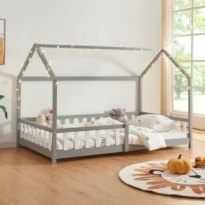 Abbildung von [en.casa] Kinderbett Hesel Hausbett Grau 140 x 200 cm mit Rausfallschutz und Lattenrost Bodenbett Jugendbett Holzbett