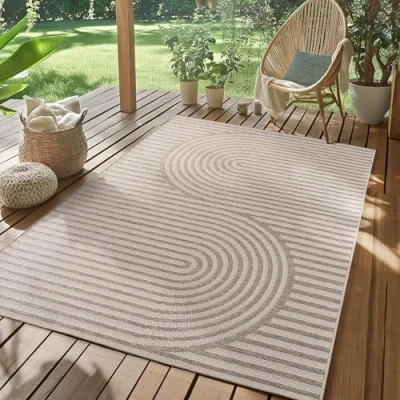 Abbildung von SIMPEX Outdoor Teppich Wetterfest Beige 200x290 cm, UV beständig, ideal für Küche, Balkon, Terrasse, Garten Wohnzimmer Esszimmer, Skandinavisches Boho Design, Pfelgeleicht