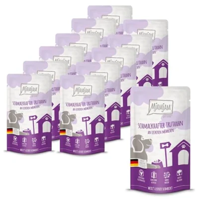 Abbildung von MjAMjAM Premium Nassfutter für Hunde Quetschie schmackhafter Truthahn an leckeren Möhrchen, 12er Pack (12 x 125g), getreidefrei mit extra viel Fleisch
