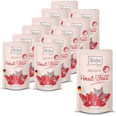 Abbildung von MjAMjAM Premium Nassfutter für Katzen Wellness Haut &amp; Fell Rind, 12er Pack (12 x 125g), getreidefrei