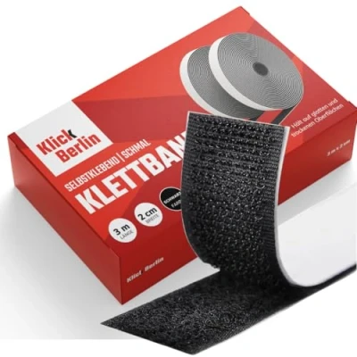 Abbildung von Klick Berlin Klettband Selbstklebend Schmal 2 cm x 3 m schmales Klett Klebeband klebt auf vielen Flächen Klettverschluss 20 mm breit, Meter lang schwarz