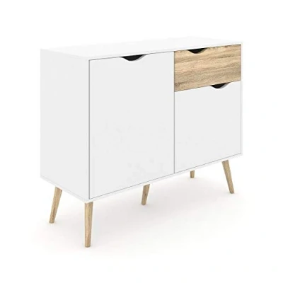 Abbildung von Sideboard mit zwei Türen und einer Schublade, Weiß Eiche, Maße 98 x 81 39 cm