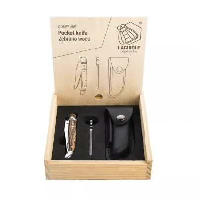 Abbildung von Laguiole Style de Vie Taschenmesser mit Wetzstahl &amp; Ledertasche, Zebranoholz, Geschenkbox
