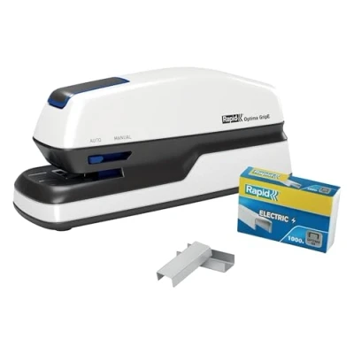 Abbildung von Rapid Optima GripE Elektrischer Tacker, Set aus Tacker und 1000 x Heftklammern, Kapazität 20 Blatt, Ideal für Büro Home Office, 5 Jahre Garantie, Weiß, 2102349