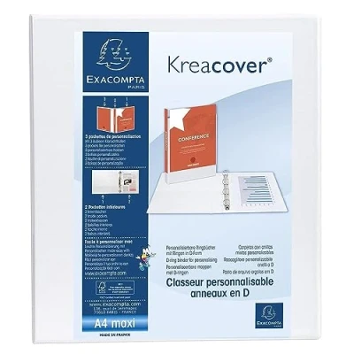 Abbildung von Exacompta 51843E Präsentationsringbuch KreaCover aus blickdichtem Kunststoff für DIN A4, 4 D Ring Mechanik 40 mm, Rücken 64 weiß ideal Schule und Büro Ringhefter Ringordner Ringbuchordner
