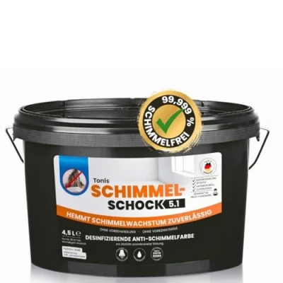 Abbildung von Tonis SCHIMMELSCHOCK Anti Schimmel Farbe 4,5 Liter Wandfarbe weiss Effektive, zuverlässige Sofortwirkung, desinfizierende für ca. 18 m2 99,999% antimikrobielle Wirkung