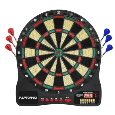 Abbildung von Carromco Dartscheibe RAPTOR 301, elektronisches Dartboard, (Set, 7 tlg., mit Dartpfeilen), 4 Loch, rot grün beige schwarz, 32 Spiele, 570 Varianten inkl. Cricket