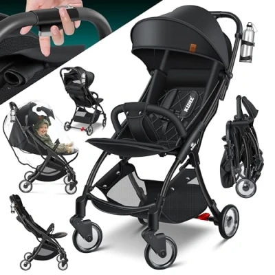 Abbildung von KIDIZ® Kinderwagen Premium Kinderbuggy klappbar Liegebuggy Sportwagen Faltbar 360Räder 5 Punkt Gurt Inkl. Getränkehalter &amp; Regenabdeckung, verstellbare Rückenlehne Sonnenverdeck Schwarz