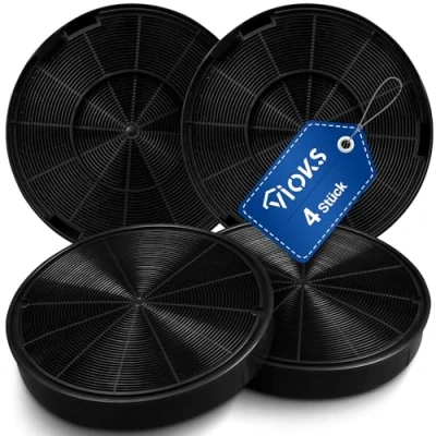 Abbildung von VIOKS 4x Filter Rund Aktivkohlefilter Dunstabzugshaube Ersatz für AEG Electrolux 902980046/4 9029793578 E3CFF62 Bosch 00748732 00748733 DHZ5316 Faber EFF62 Whirlpool 484000008674 Kohlefilter 196mm