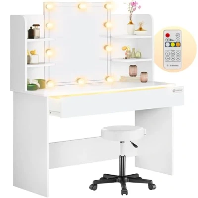 Abbildung von Casaria® Schminktisch mit Spiegel LED Beleuchtung dimmbar Fernbedienung Schublade Kosmetiktisch Hocker Frisiertisch 110cm breit Weiß