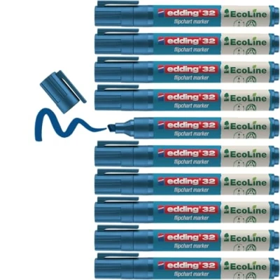 Abbildung von edding 32 EcoLine Flipchartmarker blau 10 Stifte Keilspitze 1 5 mm zum Schreiben, Zeichnen auf Flipcharts Tinte schlägt nicht durch Papier trocknet aus nachfüllbar