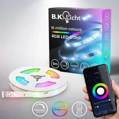 Abbildung von B.K.Licht LED Stripe Wifi RGBIC Strip, 5 m, mit App Steuerung, 150 flammig, Lichtleiste, Musiksensor, smartes Band, Selbstklebend