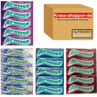 Abbildung von Wrigley&#039;s Airwaves Kaugummi 60 x12 = 720 Dragees 1,08 KG Geschmacksrichtungen: Cool Cassis, Menthol Eucalyptus, Cherry Menthol, Strong Mint Ein Angebot von krass shoppen de by FISGUS®