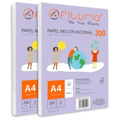 Abbildung von Packung mit 500 weißen DIN A4 Blättern, 200g Druckerpapier. Multifunktionales Kopierpapier für Schule und Büro. Ideal Laserdrucker, Tintenstrahldrucker oder Kopierer Ofituria