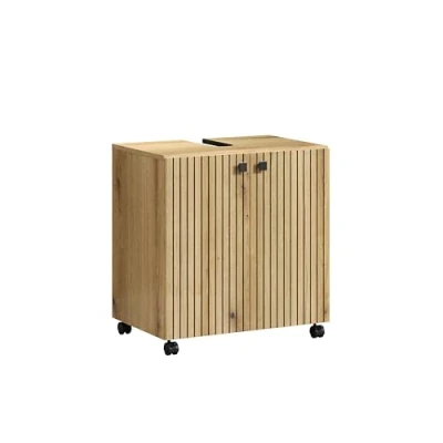 Abbildung von trendteam smart living Waschbeckenunterschrank Unterschrank auf Rollen Badezimmer PureBliss Aufbaumaß (BxHxT) 60 x 64 42 cm Farbe Evoke Eiche mit schwarzen Rillen 233730342