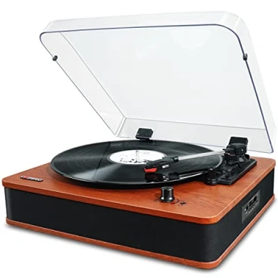 Abbildung von VOSTERIO Plattenspieler, Bluetooth Schallplattenspieler mit Integrierten HiFi Stereo Lautsprecher, Vintage 3 Geschwindigkeiten Vinyl zu MP3/FM Radio/USB/TF/Aux In/RCA/LED Anzeige