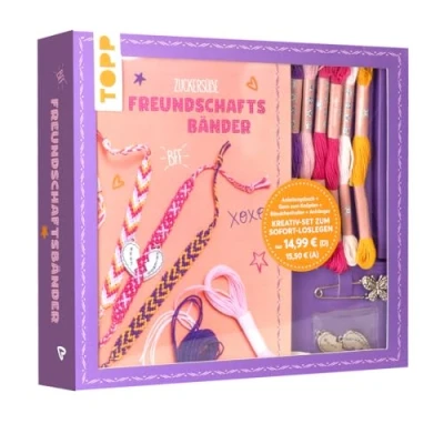 Abbildung von Kreativ Set Zuckersüße Freundschaftsbänder. Mit Anleitungsbuch und Material: Anleitungsbuch, Knüpfgarn in 5 Farben (100% Baumwolle), Bändchenhalter, Anhänger Herzform