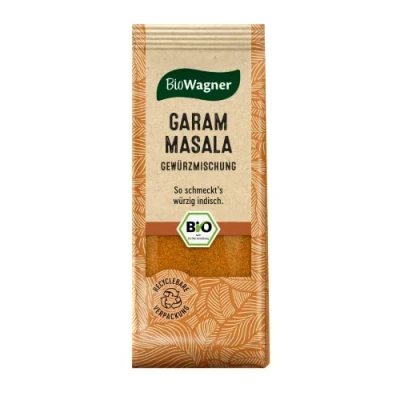 Abbildung von BioWagner Bio Garam Masala Gewürzmischung für Currys oder inidsches Naanbrot naturbelassene Zutaten recyclebare Verpackung 40 g