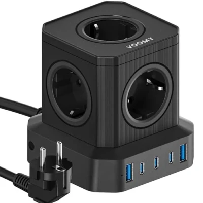 Abbildung von VOOMY 65W Mehrfachstecker, Steckdosenwürfel mit 3 USBC und 2 USB Ladegerät, Ladestation 2M Verlängerungskabel, Steckerleiste Überspannungsschutz, Verteilersteckdosemit Schalter, Powercube Schwarz