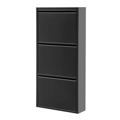 Abbildung von Alveon Schuhschrank Schmal Schuhregal Metall Schuhkipper mit Magnet Klappen Schuhablage Montiert und Wandmontage (Schwarz, 3 Klappen)