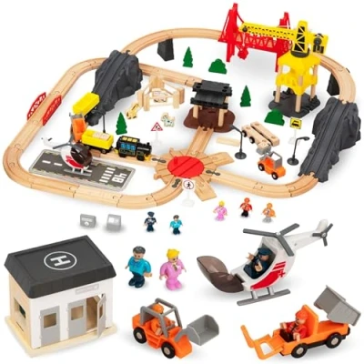 Abbildung von Mamabrum Spielzeug Eisenbahn Holzeisenbahn Set mit Flughafen, Kran und elektrischer Lokomotive
