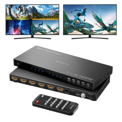 Abbildung von 4K HDMI Multiviewer Switch 4x2 with Pip, PORTTA Quad Multi Viewer Seamless Switcher 4 in 2 Out Toslink, 3.5mm Audio Output Support 30Hz, 6 Viewing Modes, Downscaler
