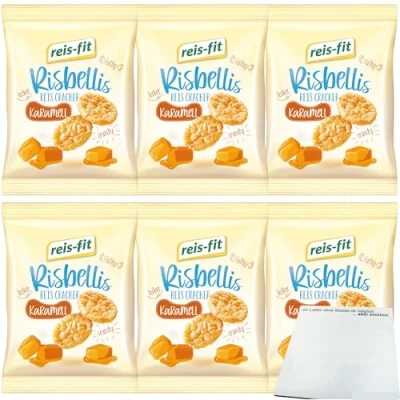 Abbildung von Reis Fit Risbellis Caramel Fettarme Cracker mit Karamellgeschmack 6er Pack (6x40g Packung) + usy Block
