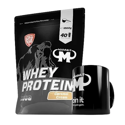 Abbildung von 1kg Mammut Whey Protein Eiweißshake Set inkl. Shaker, Riegel, Powderbank oder Tasse (Caramel Cream, Keramik Tasse)