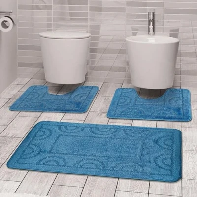 Abbildung von Comart, Teppich Nicole, für Badezimmer, synthetischer Stoff, rutschfeste Unterseite, Hellblau, 3 teiliges Set