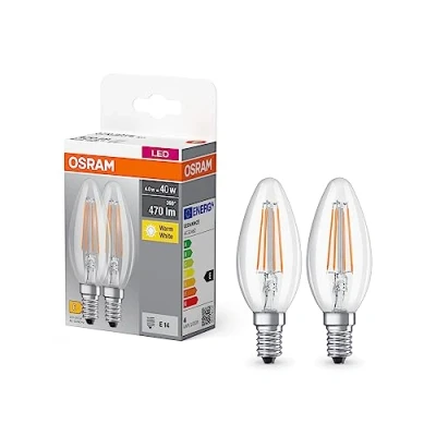 Abbildung von OSRAM BASE CLASSIC B FIL 40 LED Lampe mit Sockel E14, Minikerzenform, Doppelpack, 4W, 470lm, 2700K, warmweißes Licht, geringe Wärmeentwicklung, lange Lebensdauer, geringer Energieverbrauch