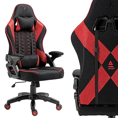 Abbildung von KRAKEN CHAIRS Gaming Stuhl Stoff Bürostuhl Sessel Höhenverstellbar Drehstuhl Ergonomischer Gamer Verstellbare Armlehne Lendenkissen Schwarz Rot
