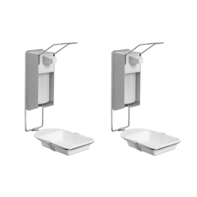 Abbildung von 2x ARNOMED Desinfektionsspender mit Tropfschale, Aluminium Seifenspender für 500ml, zur Wandbefestigung langem Armhebel, Eurospender Desinfektionsmittel, Soap Dispenser, Spender