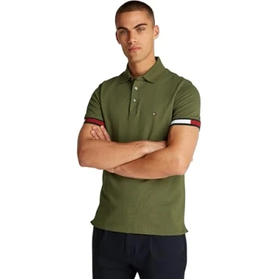 Abbildung von Tommy Hilfiger Herren Poloshirt Kurzarm Flag Cuff Slim Fit, Grün (Army Green), XL