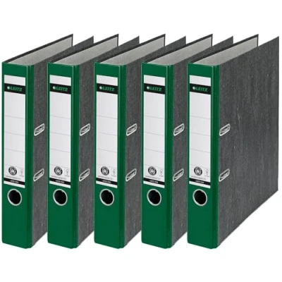 Abbildung von Leitz Qualitäts Ordner, das Original, DIN A4 Aktenordner 8 cm breit, Wolkenmarmor Papier, Recycling Blauer Engel, Mit 180 Mechanik, Höchste Stabilität (Schmal, Grün, 5 Stück)