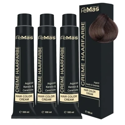 Abbildung von FemMas Haarfarbe 3x Hellbraun Sand 5.7 I Professionelle Creme mit Arganöl, Keratin &amp; Ceramiden Als dauerhafte Haarfärbung oder Tönung für strahlende, haltbare Farbergebnisse 100 ml
