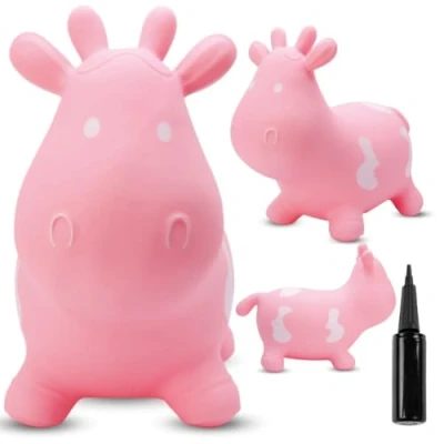 Abbildung von sun baby Hüpftiere ab 1 Jahr mit Pumpe aufblasbares Hüpfspielzeug aus Hochwertigem und Strapazierfähigem Gummi, Verschiedene Designs (Rosa Kuh)