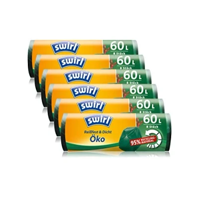 Abbildung von Swirl Öko Müllbeutel mit Zugband, 60 Liter, 6 Rollen je 8 Beuteln, Dunkelgrün