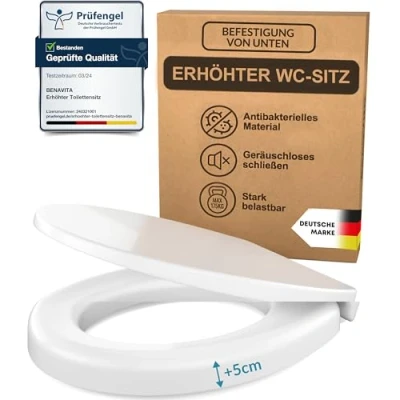 Abbildung von BenaVita Premium WC Sitzerhöhung 5 cm aus Duroplast Erhöhter Toilettensitz für bequemes Sitzen inkl. Absenkautomatik Belastbar bis 175 kg (Befestigung von Unten)