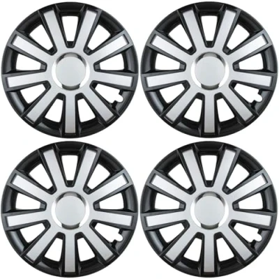 Abbildung von Premium Radkappen 14 Zoll in Schwarz Silber Glänzend mit Chromring 4er Set Radzierblenden für Stahlfelgen Radblenden optimalen Felgenschutz