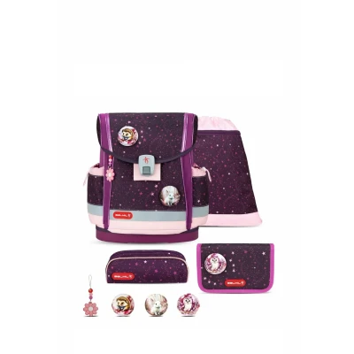Abbildung von Belmil Classy Plus Schulranzen Set 5 teilig Magical Stars mit Brustgurt, Magnetverschluss, Patch 3 Stück Schulrucksack
